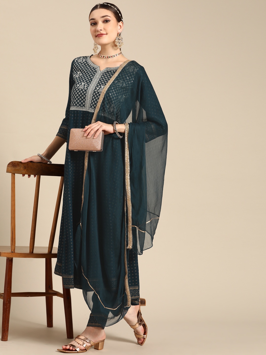 

Sangria Women Teal Blue Ethnic Motifs Printed Sequinned Kurta with Trousers & Dupatta