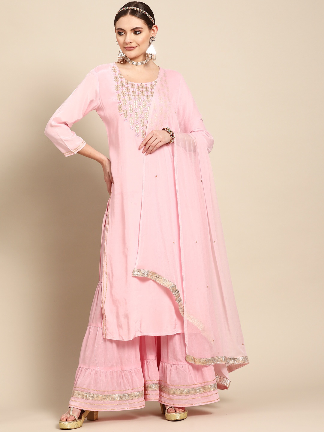 

Sangria Women Pink Ethnic Motifs Embroidered Thread Work Kurta with Sharara & Dupatta