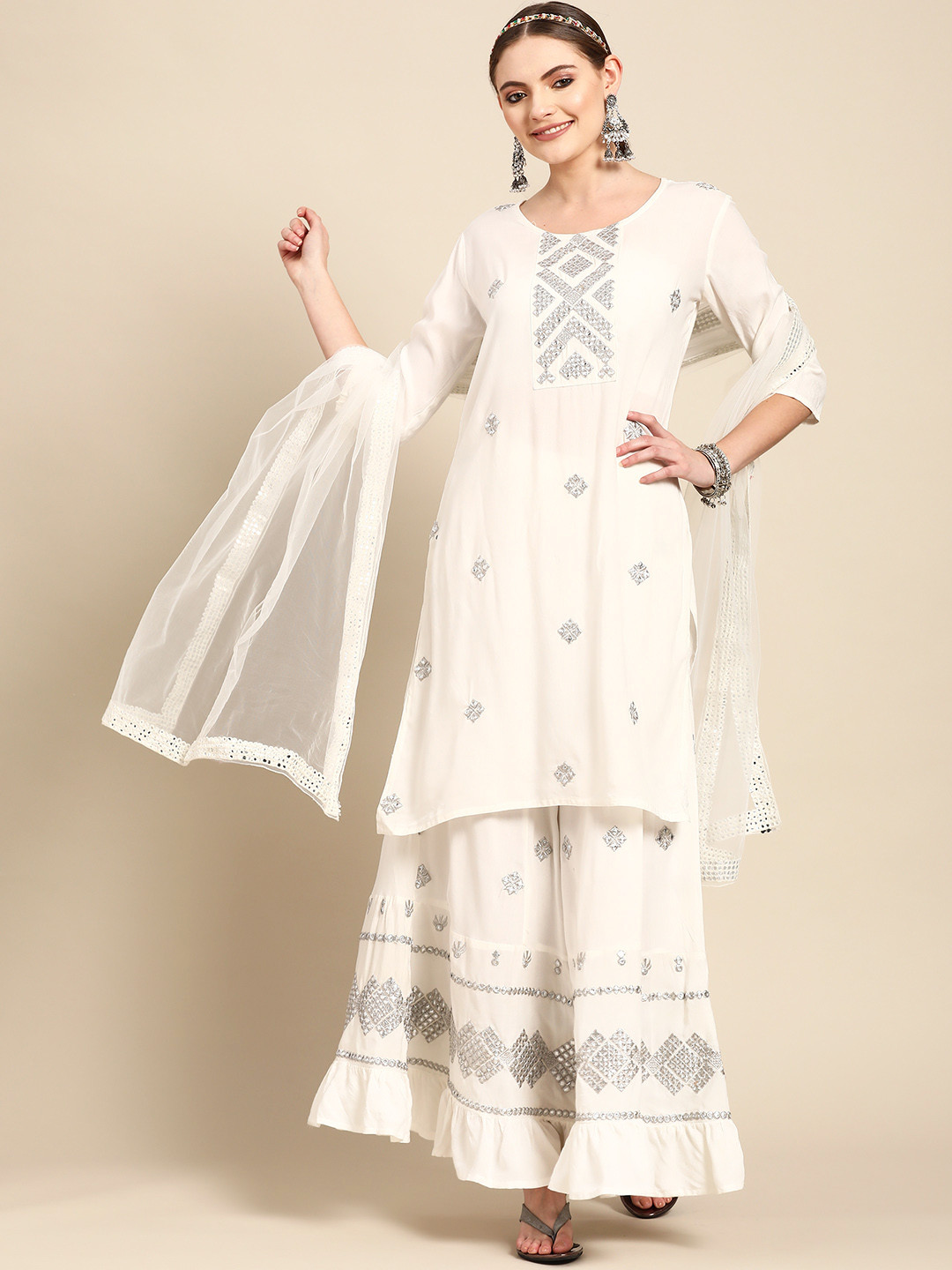 

Sangria Women White Embroidered Mirror Work Kurta with Sharara & Dupatta