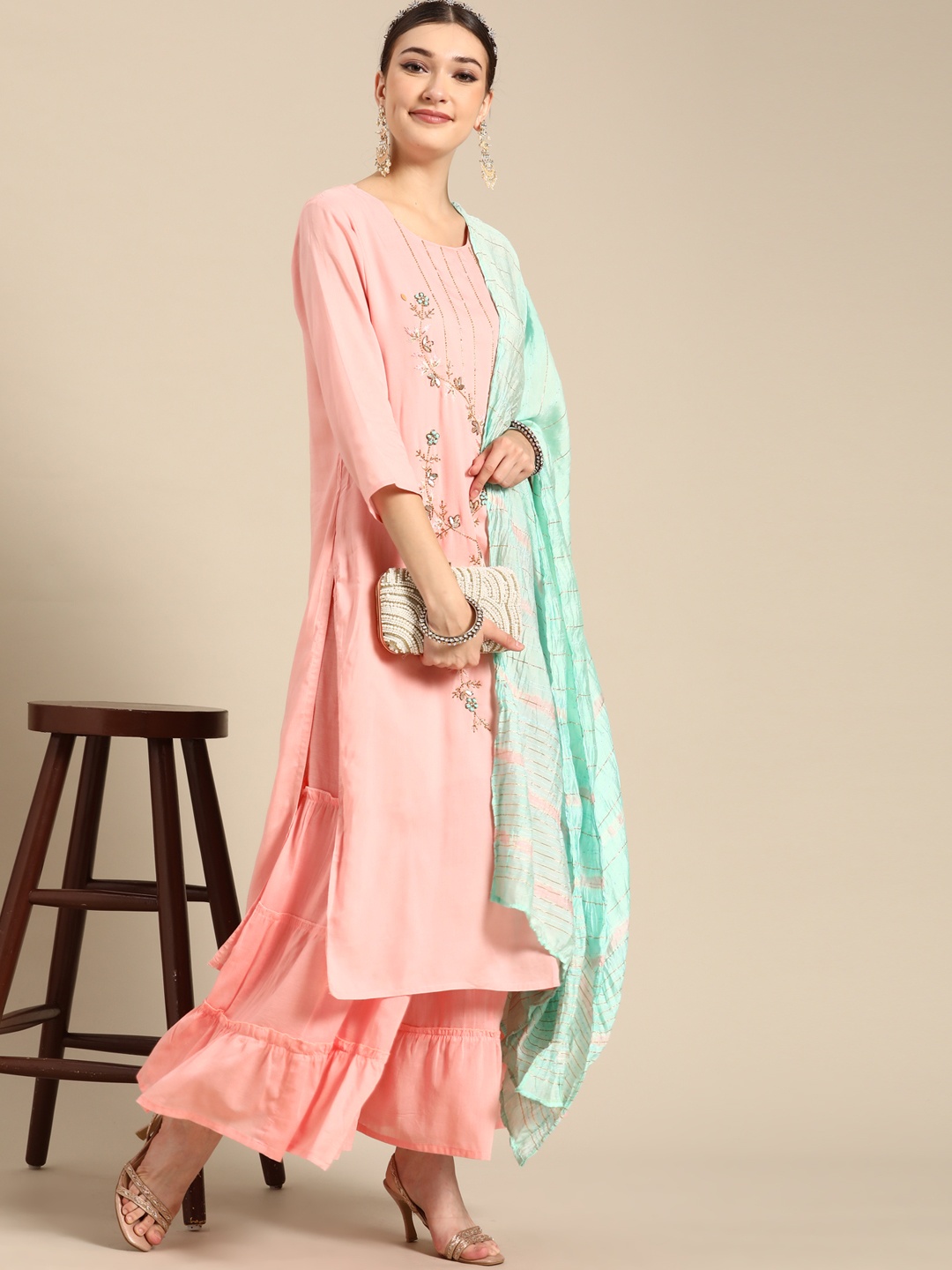 

Sangria Women Pink Floral Embroidered Beads and Stones Kurta with Sharara & Dupatta