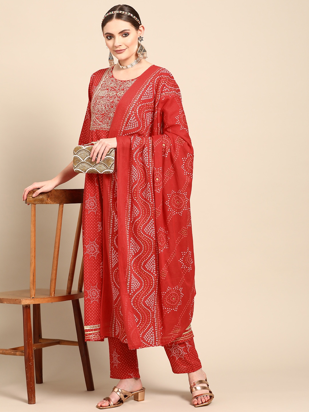 

Sangria Women Red & White Bandhani Printed Kurta with Trousers & Dupatta