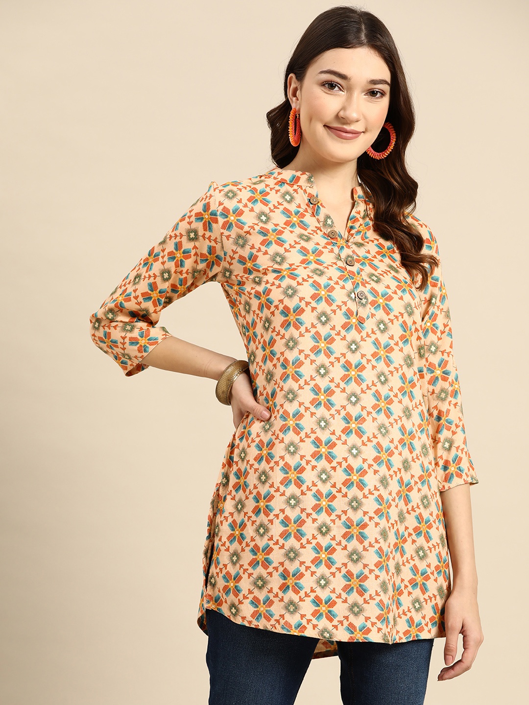 

Sangria Peach-Coloured & Teal Geometric Printed Kurti