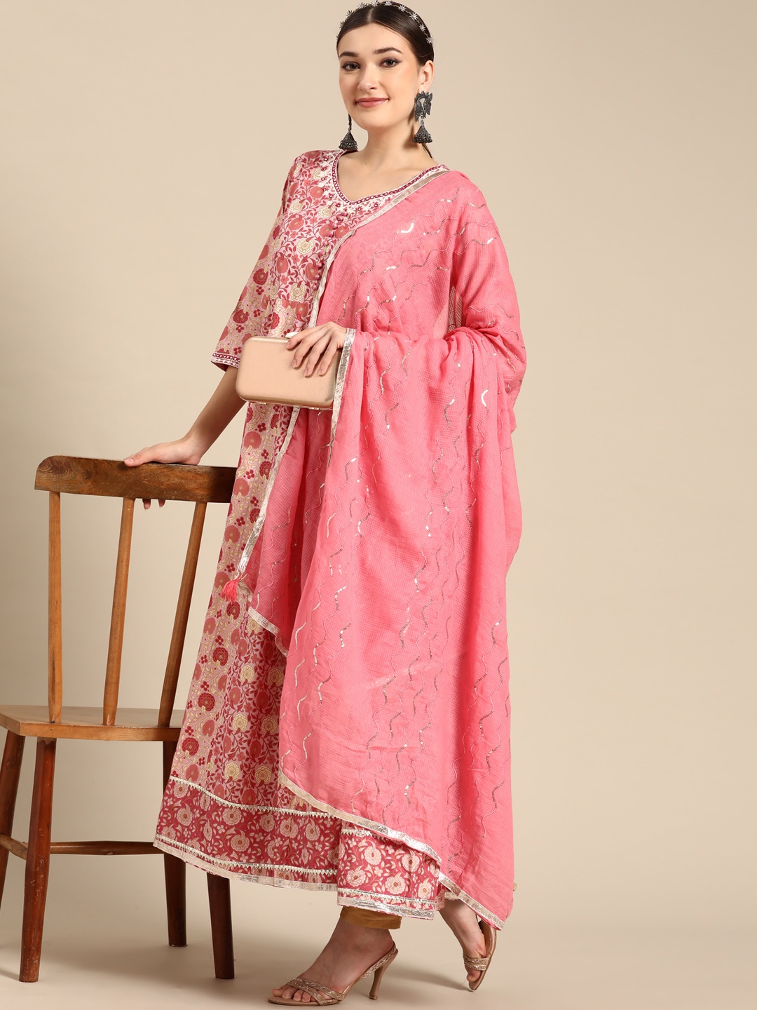 

Sangria Women Peach-Coloured Printed Mirror Work Kurta with Dupatta