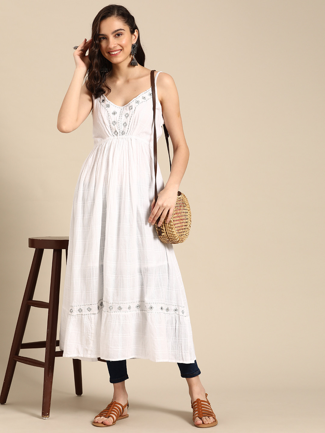 

Sangria Women White Self Design Mirror Work Pure Cotton A-Line Kurta