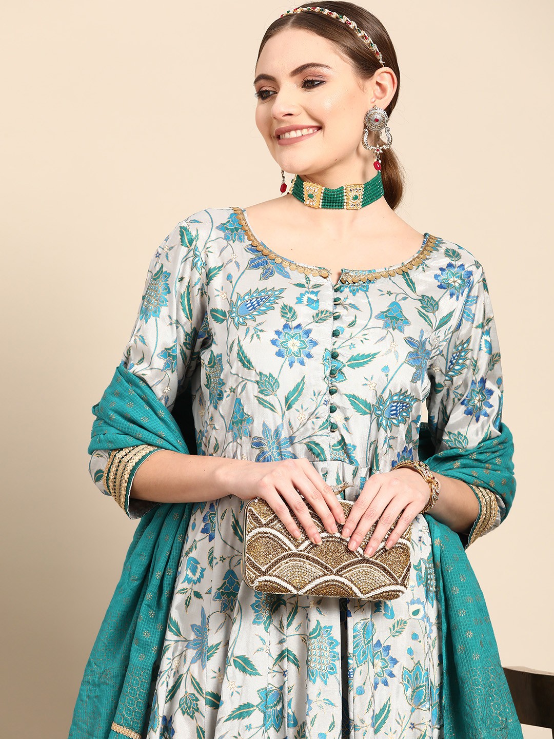 

Sangria Women White & Blue Ethnic Motifs Printed Anarkali Kurta & Dupatta