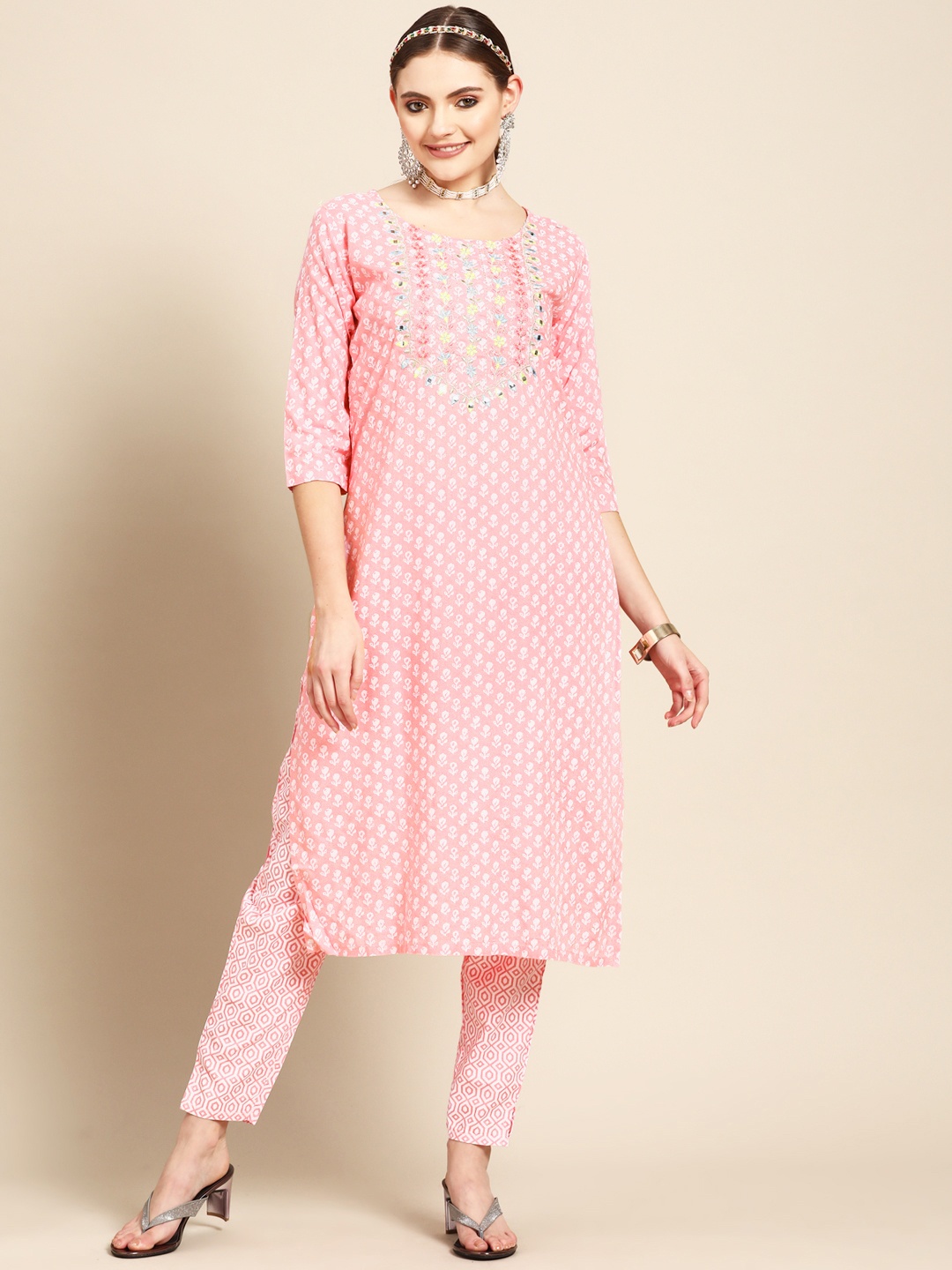 

Sangria Women Pink Ethnic Motifs Embroidered Thread Work Kurta with Trousers