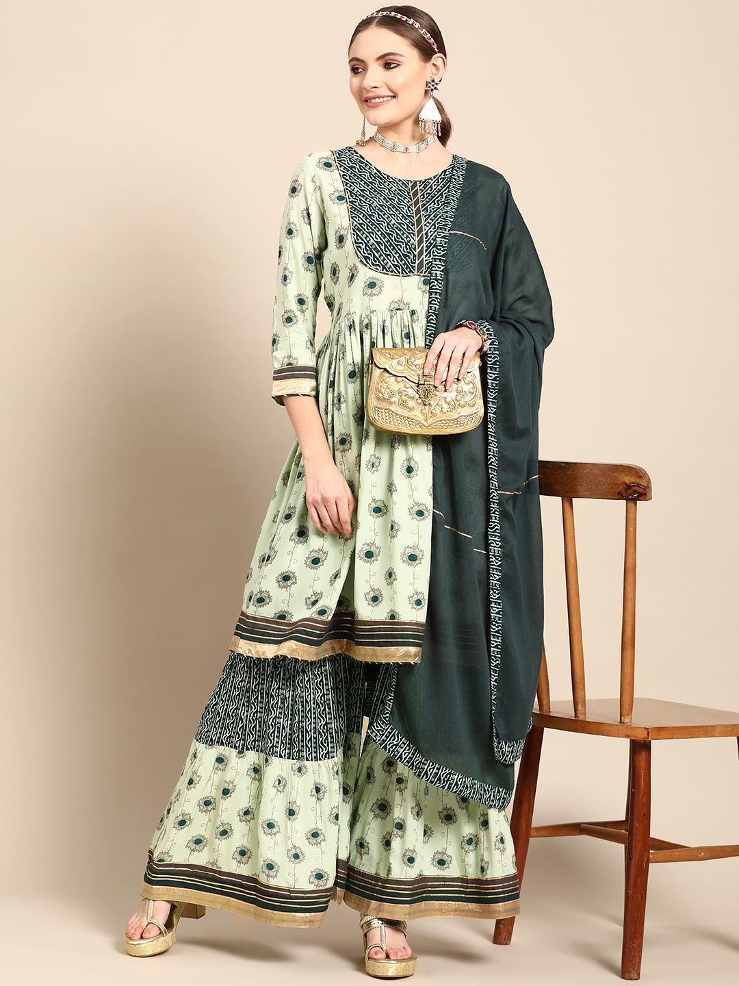 

Sangria Women Teal Green Ethnic Motifs Printed Gotta Patti Kurta with Sharara & Dupatta