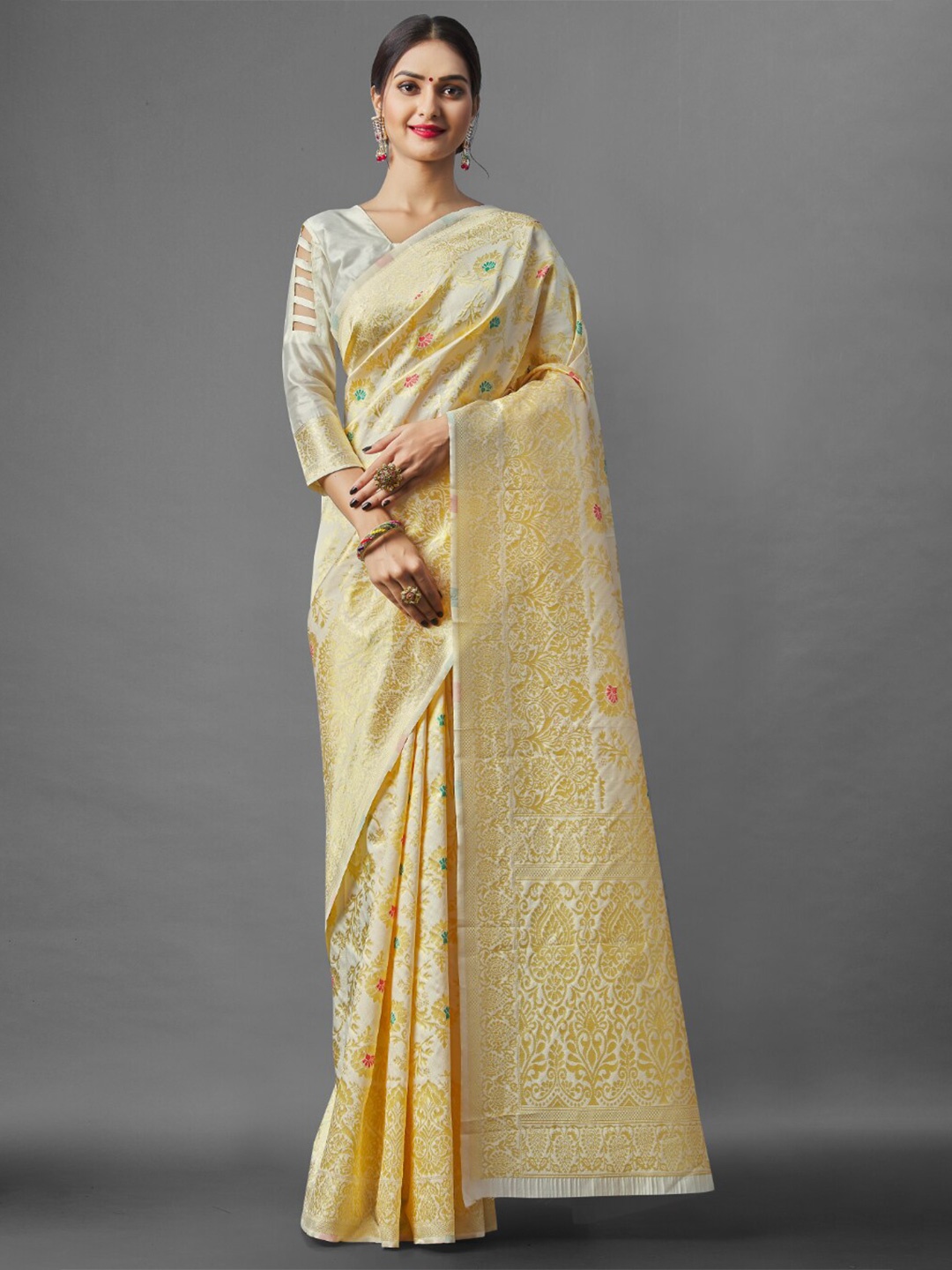 

TEREZA Cream-Coloured & Red Floral Zari Pure Silk Banarasi Saree