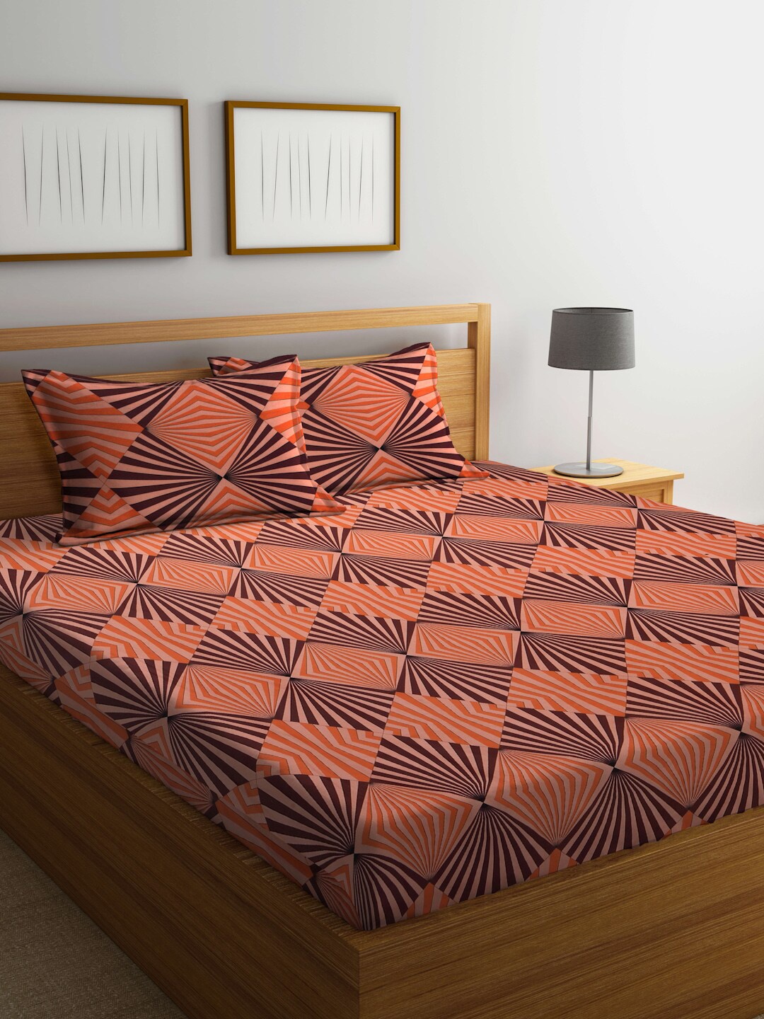 

BOMBAY DYEING Orange & Brown Geometric Printed 120 TC King Bedsheet with 2 Pillow Covers