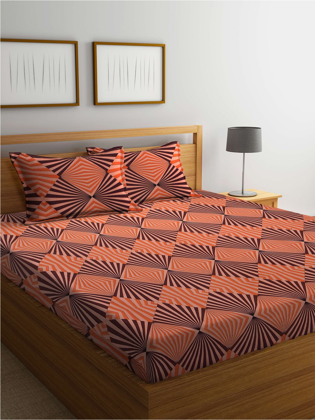 

BOMBAY DYEING Orange & Brown Geometric 120 TC Cotton Queen Bedsheet with 2 Pillow Covers