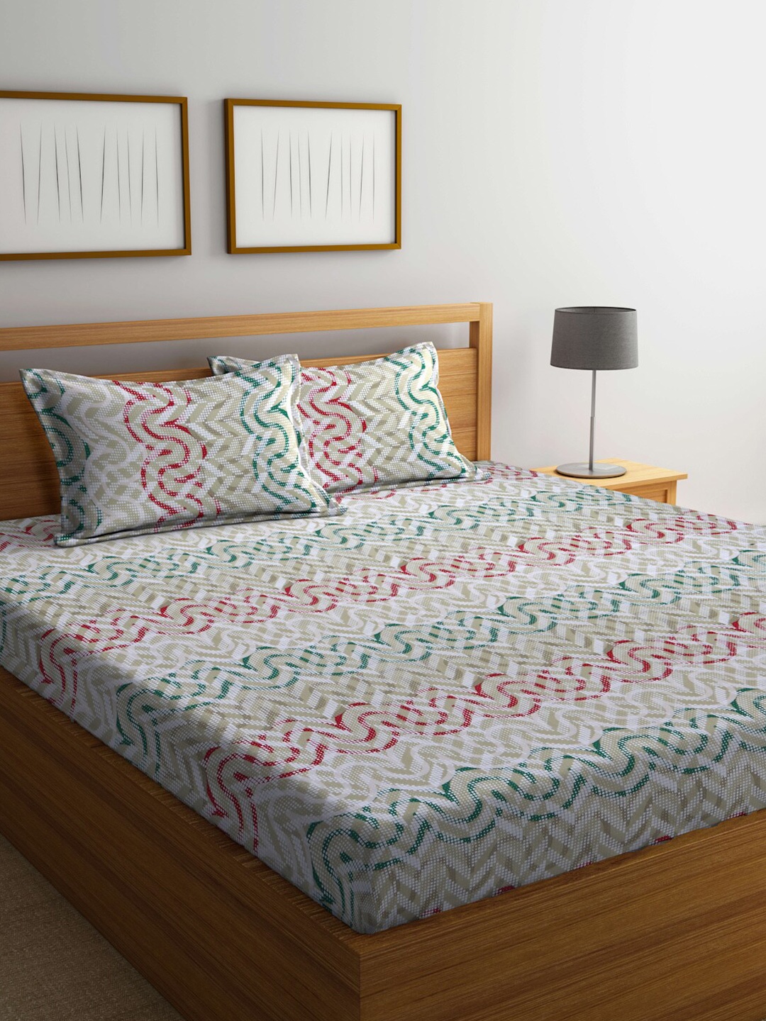 

BOMBAY DYEING Olive Green & White Printed 120 TC Queen Bedsheet with 2 Pillow Covers