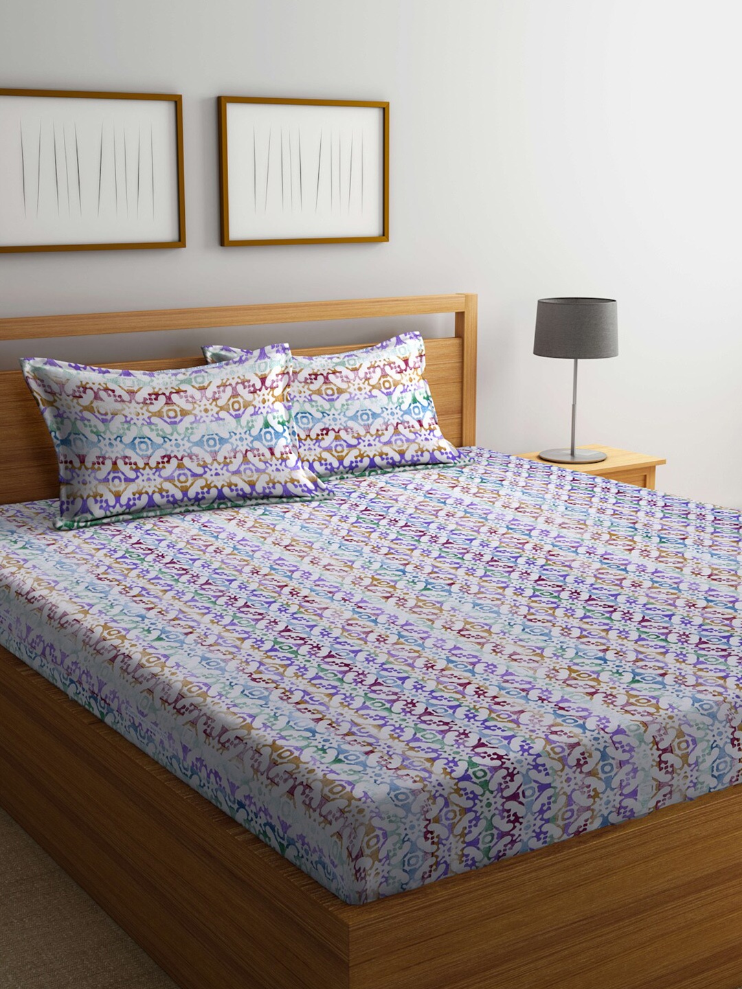 

BOMBAY DYEING Purple & White Geometric 120 TC King Bedsheet with 2 Pillow Covers