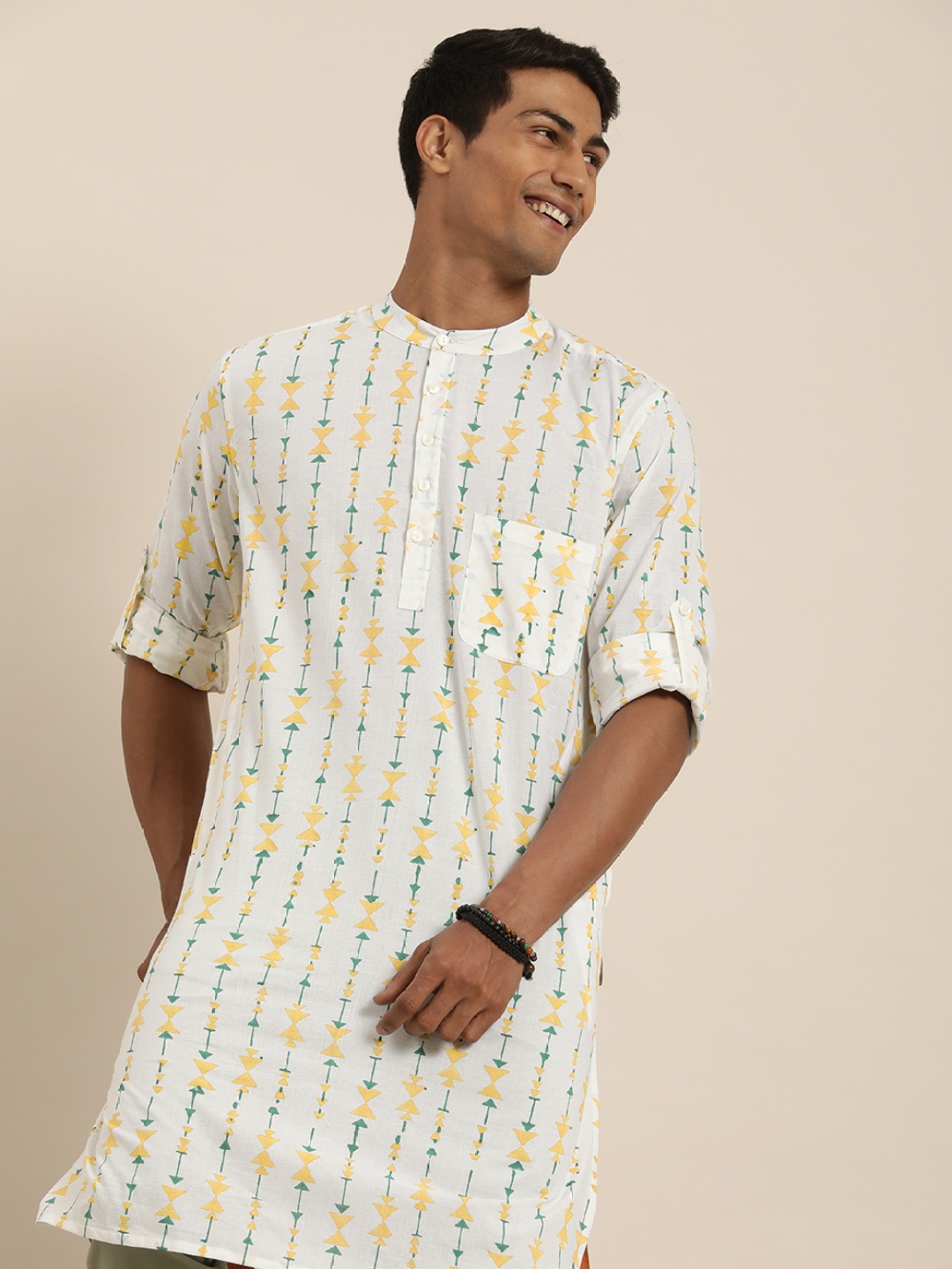 

Taavi Men Cream-Coloured & Orange Geometric Printed Block Print Kurta