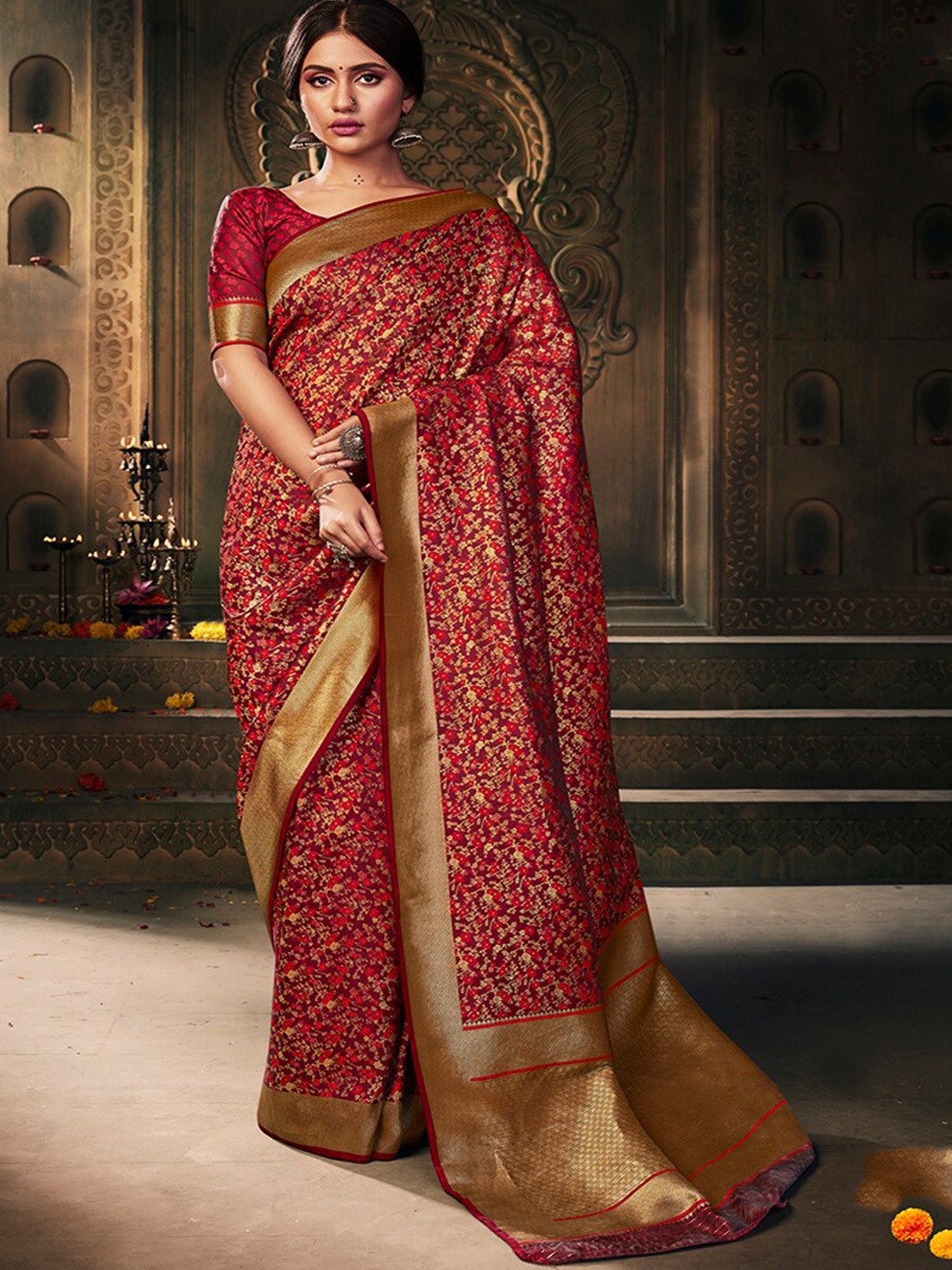 

MONJOLIKA FASHION Red & Gold-Toned Woven Design Silk Blend Ready to Wear Banarasi Saree