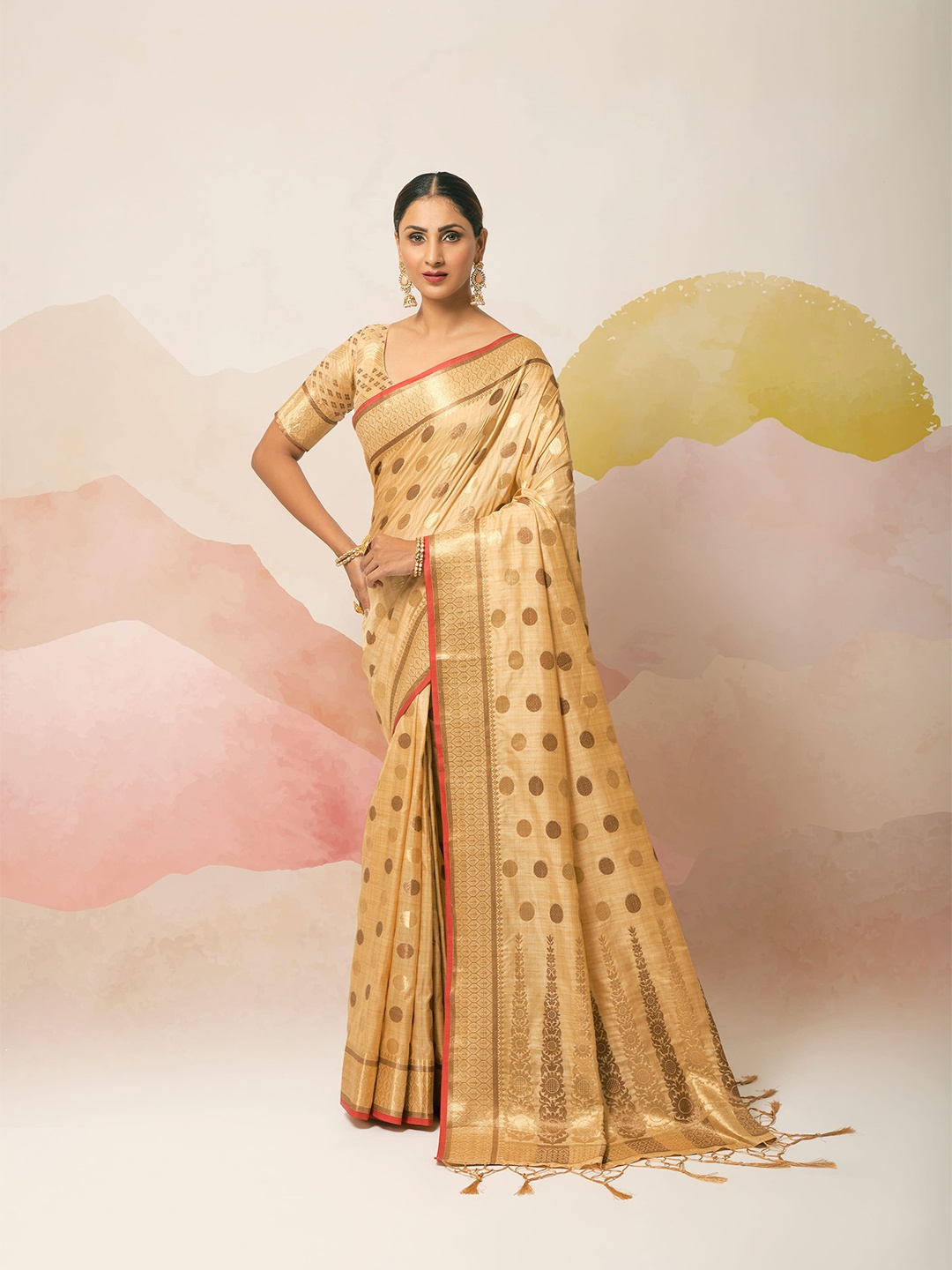 

elora Camel Brown & Red Woven Design Zari Silk Blend Saree