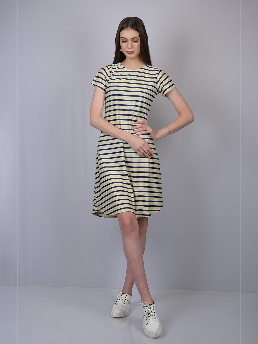 

OWO THE LABEL Women Beige & Blue Striped Dress