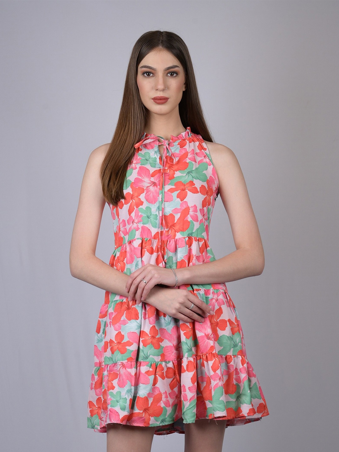 

OWO THE LABEL Women Pink Floral Keyhole Neck A-Line Dress