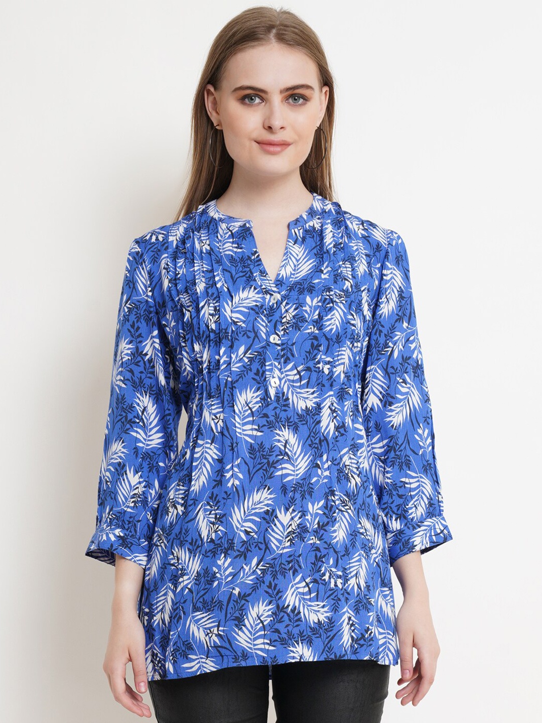 

IX IMPRESSION Blue & White Floral Print Longline Top