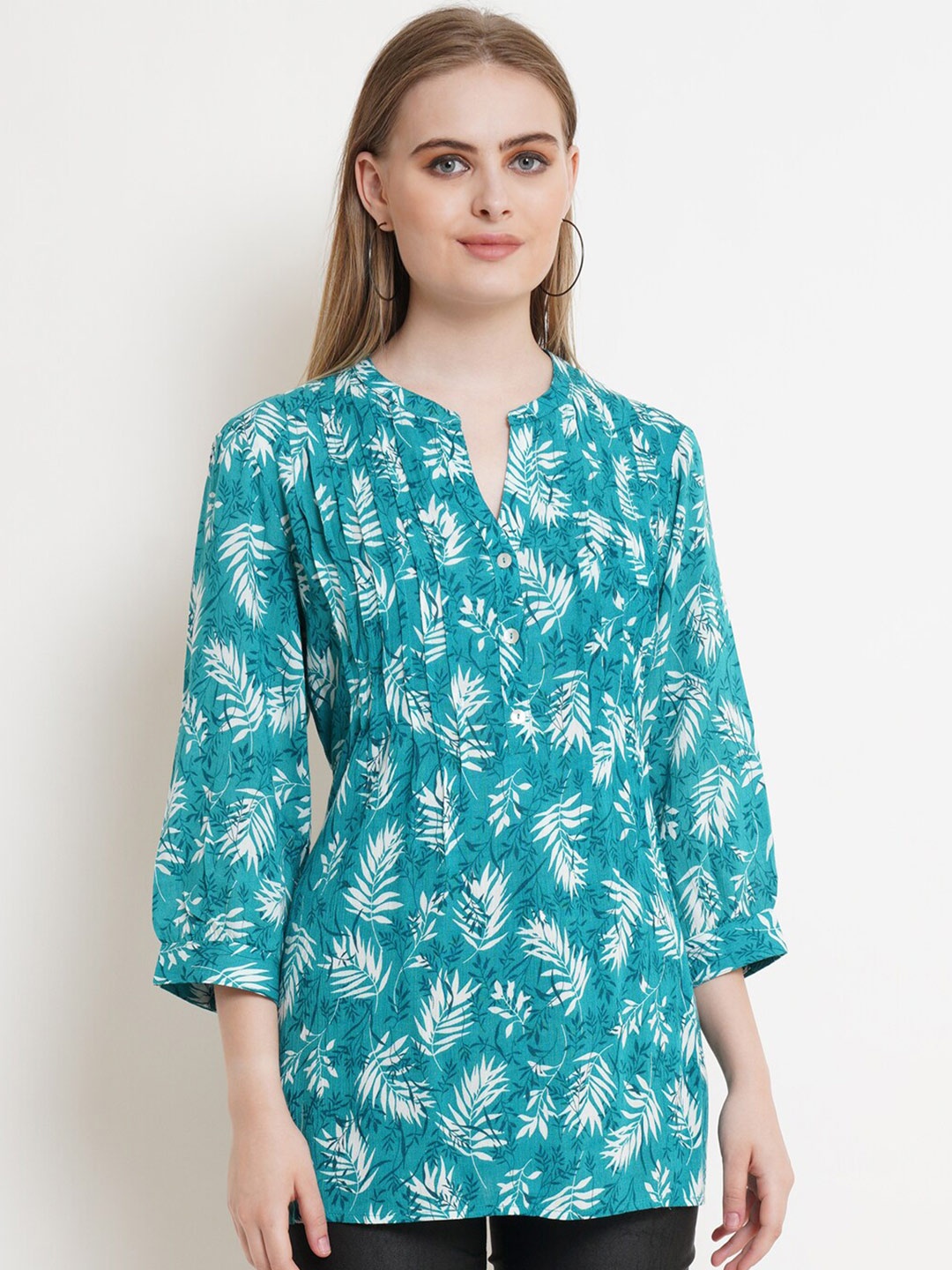 

IX IMPRESSION Green & White Floral Print Mandarin Collar Top