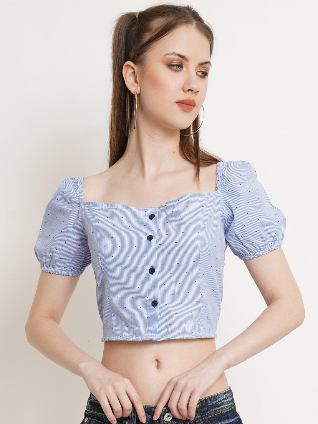 

IX IMPRESSION Women Blue Striped Sweetheart Neck Pure Cotton Crop Top
