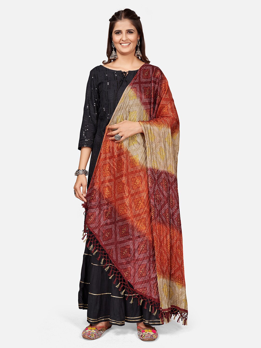 

Vbuyz Red & Beige Printed Art Silk Bandhani Dupatta