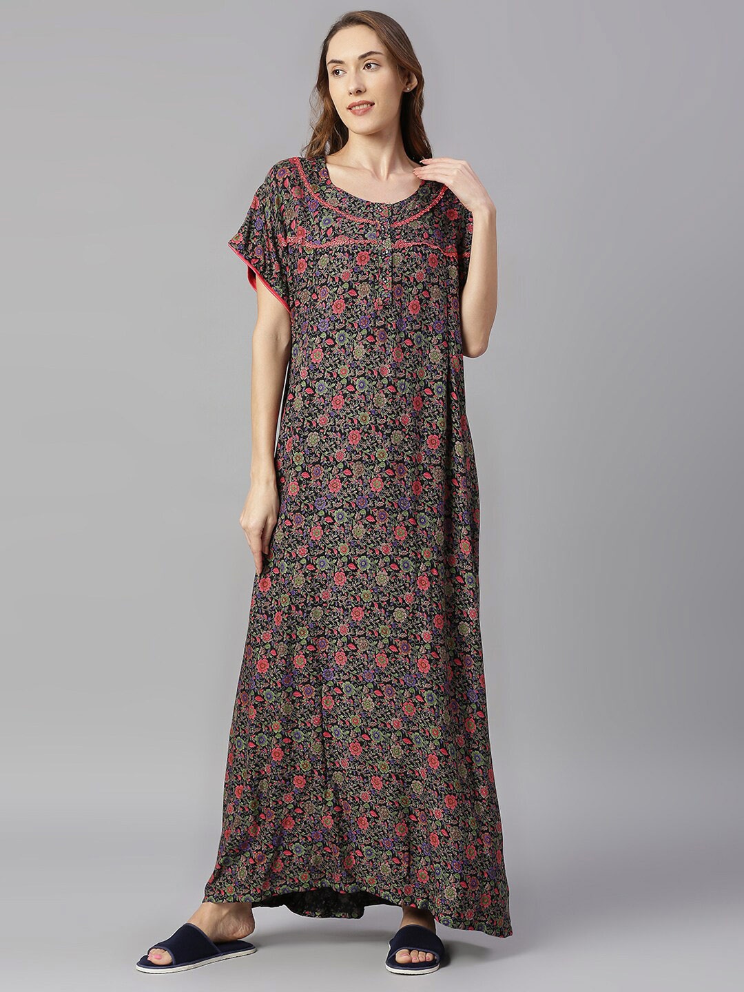 

Pretty Awesome Maternity Feeding Black Printed Maxi Nightdress