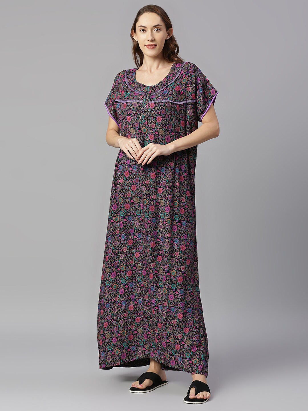 

Pretty Awesome Women Black Printed Maternity Feeding Maxi Nightdress