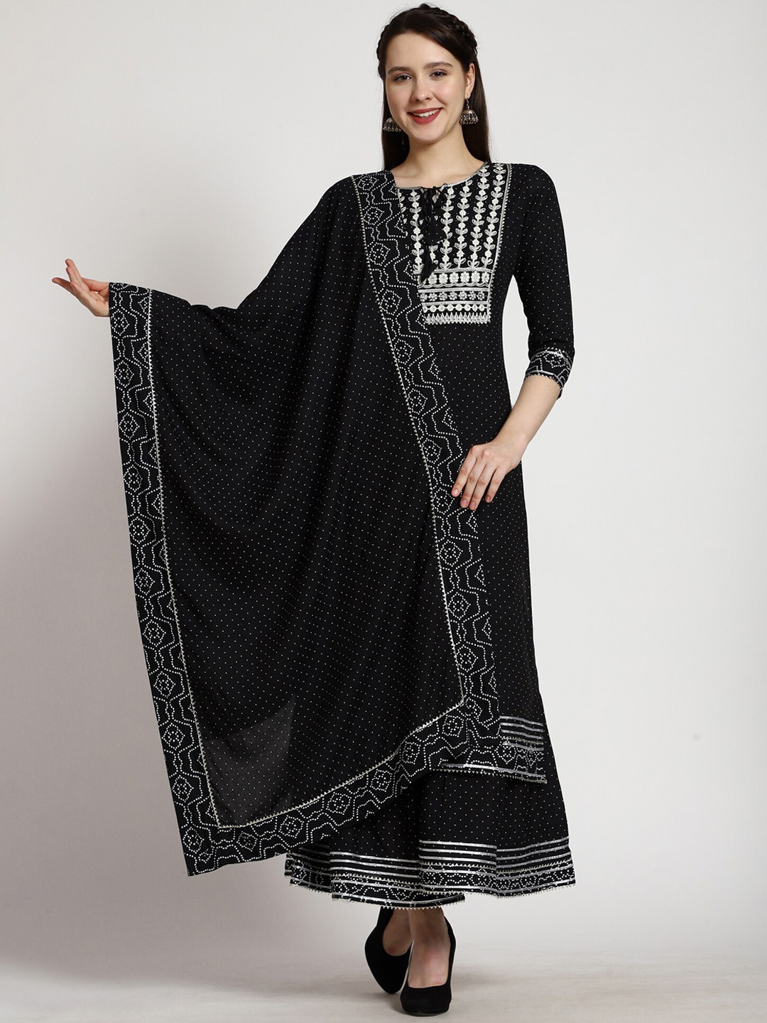 

Mollar Women Black Ethnic Motifs Embroidered Thread Work Kurta with Sharara & With Dupatta