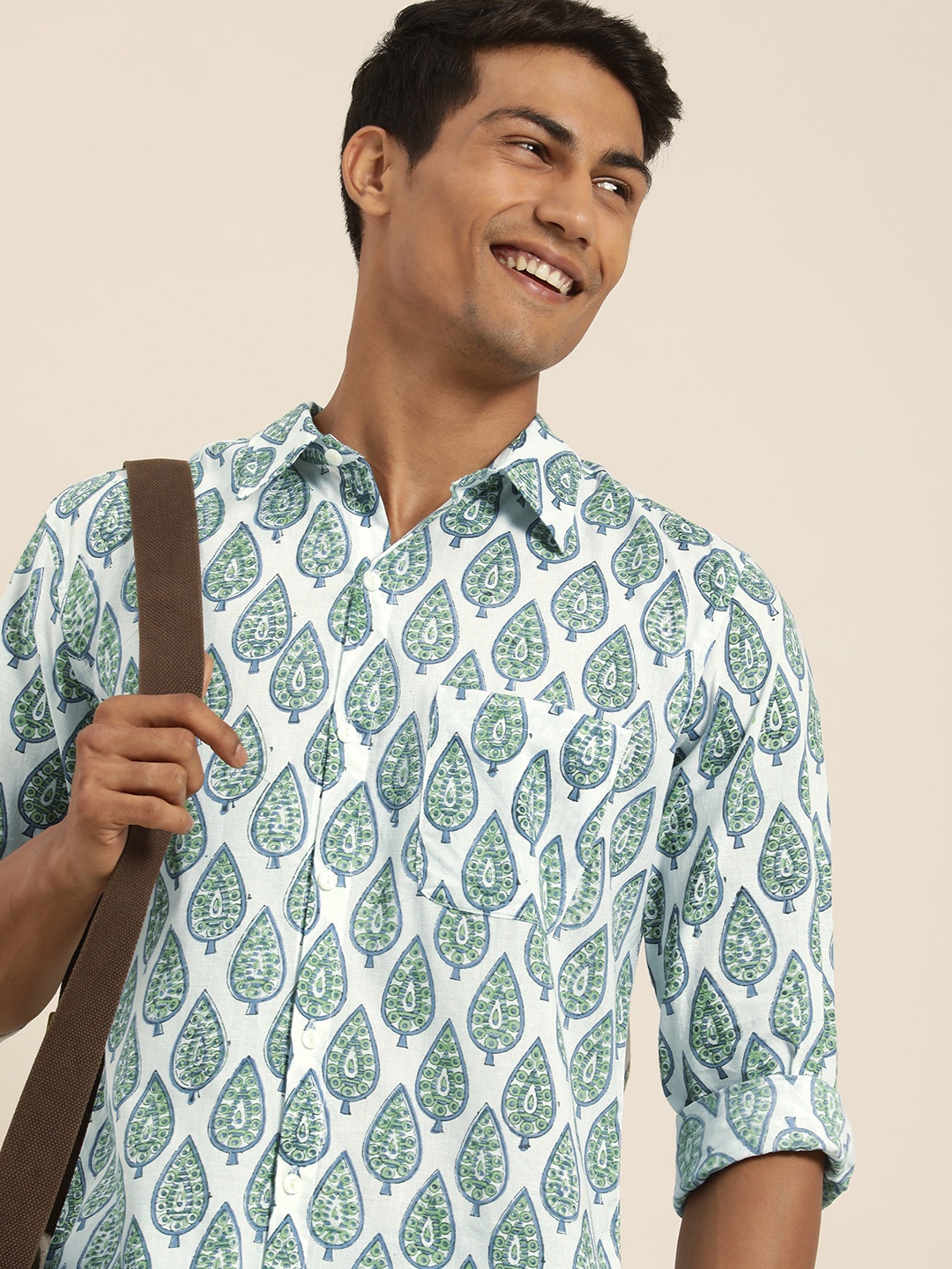 

Taavi Men Green & White Hand Block Printed Cotton Casual Shirt