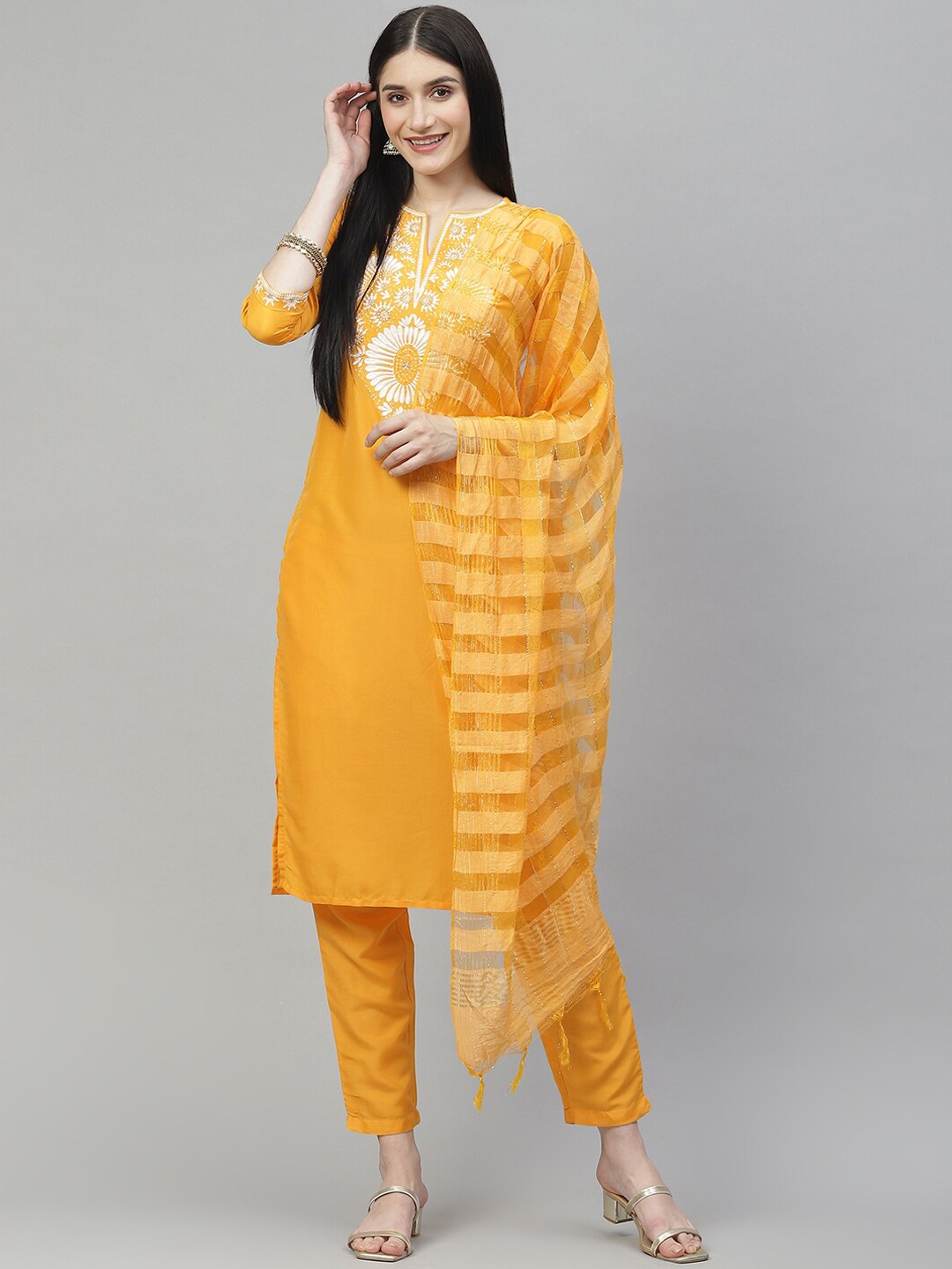 

HERE&NOW Women Yellow Embroidered Kurta with Trousers & With Dupatta