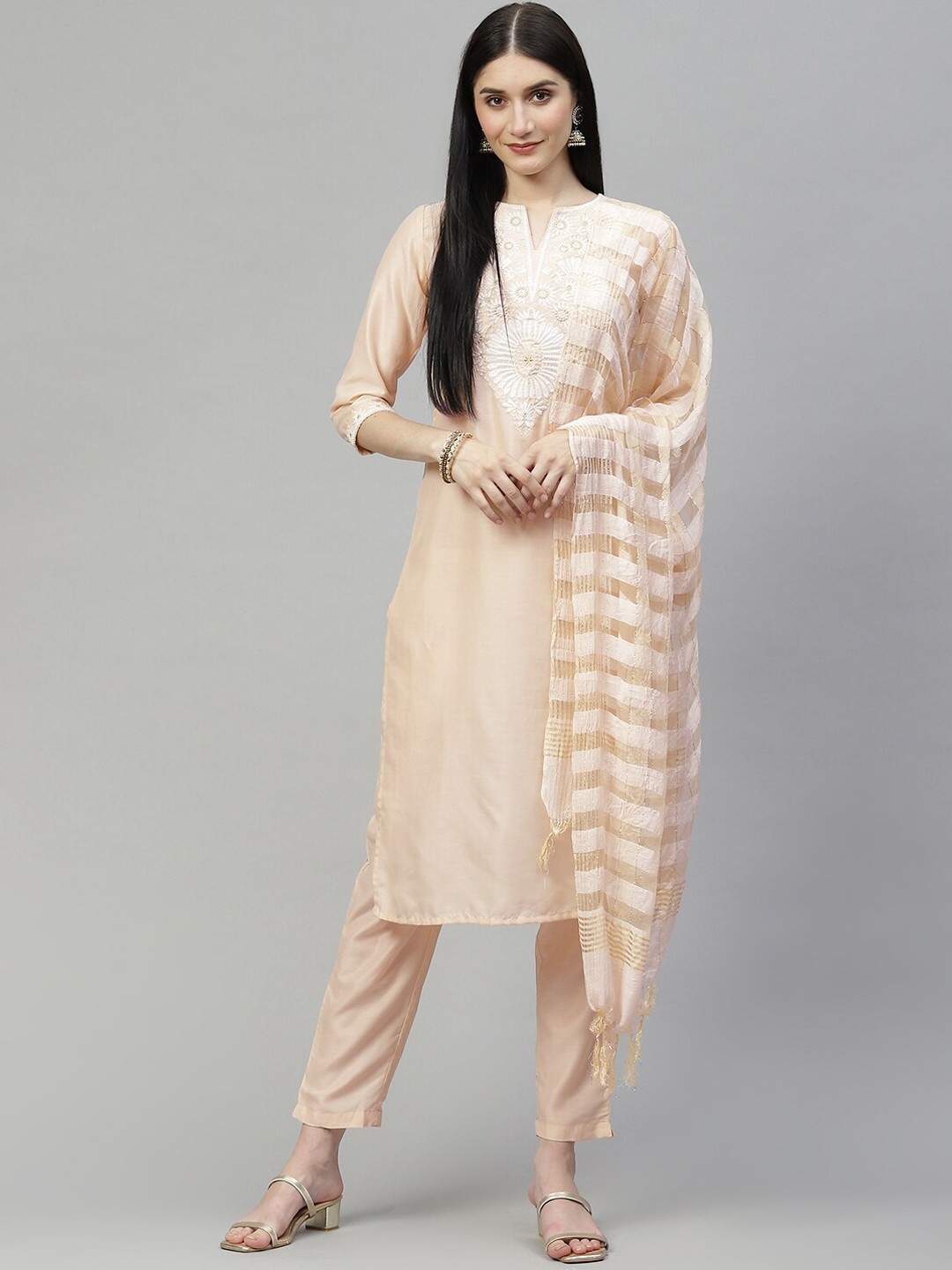 

HERE&NOW Women Cream Ethnic Motifs Embroidered Yoke Kurta With Trouser And Dupatta