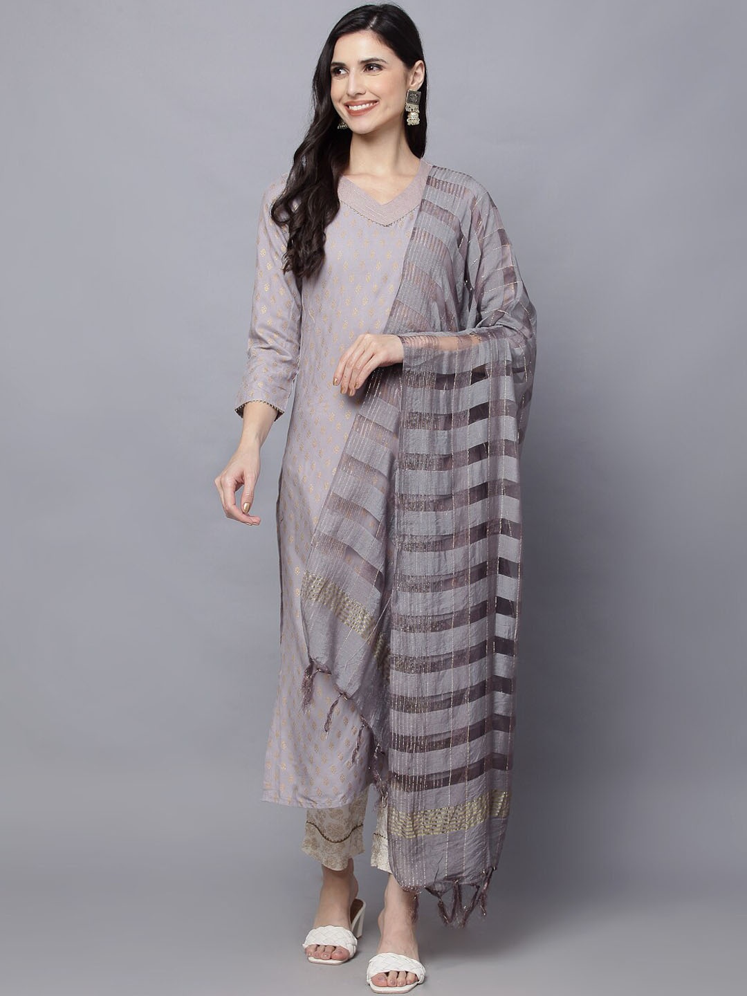 

HERE&NOW Women Grey Ethnic Motifs Kurta with Trousers & With Dupatta