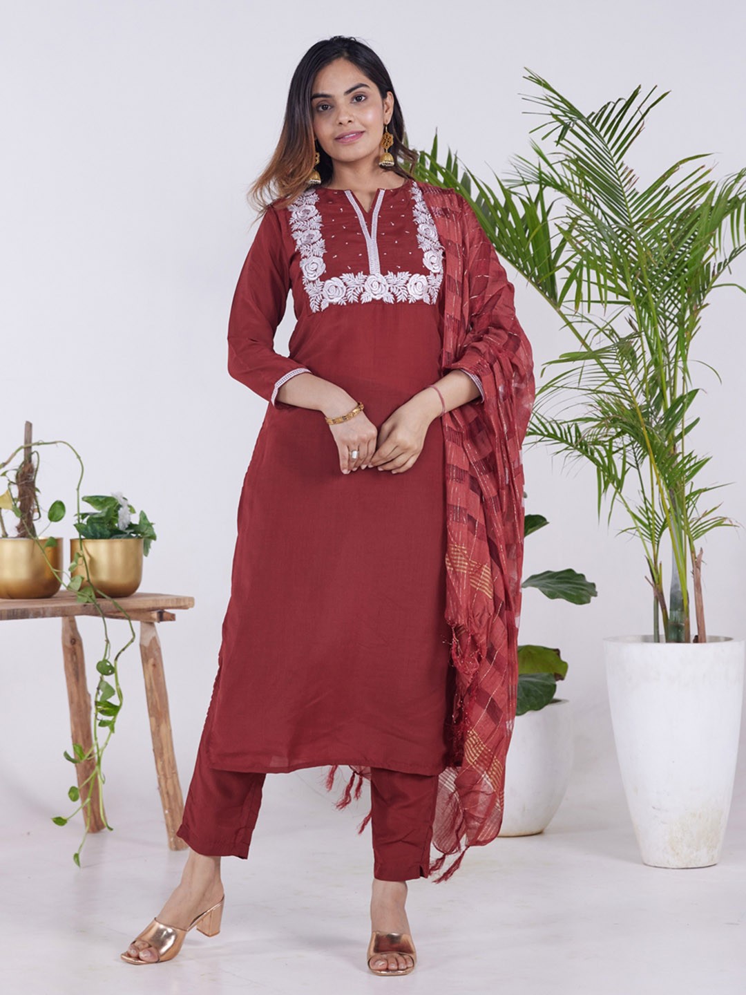 

HERE&NOW Women Maroon Floral Yoke Design Kurta with Trousers & With Dupatta