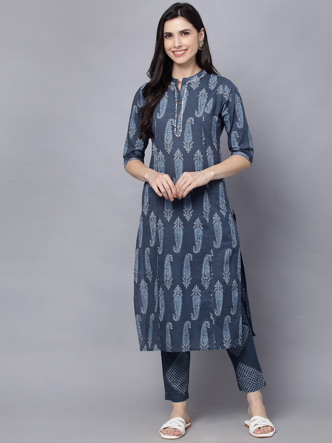 

HERE&NOW Women Navy Blue Ethnic Motifs Pure Cotton Kurta with Trouser Set