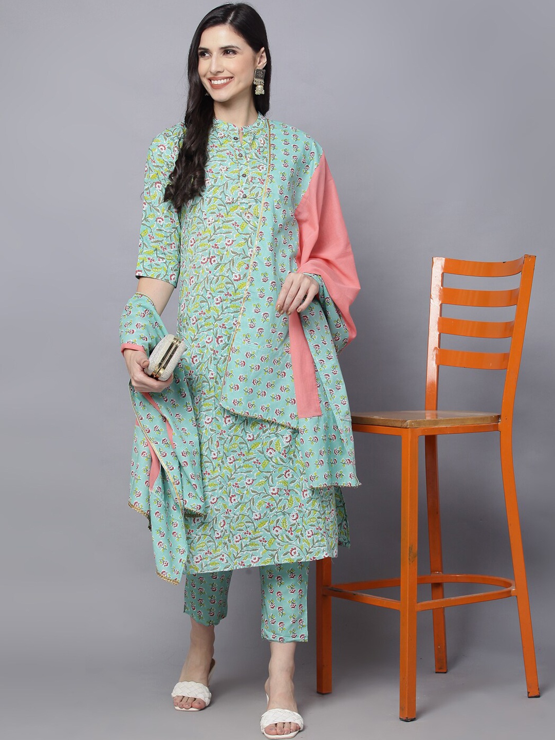 

HERE&NOW Women Sea Green Floral Printed Pure Cotton Kurta with Trousers & With Dupatta
