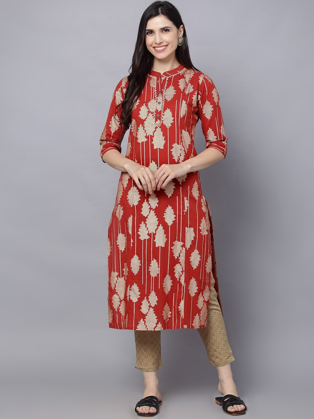 

HERE&NOW Women Red Embroidered Pure Cotton Kurta with Trousers