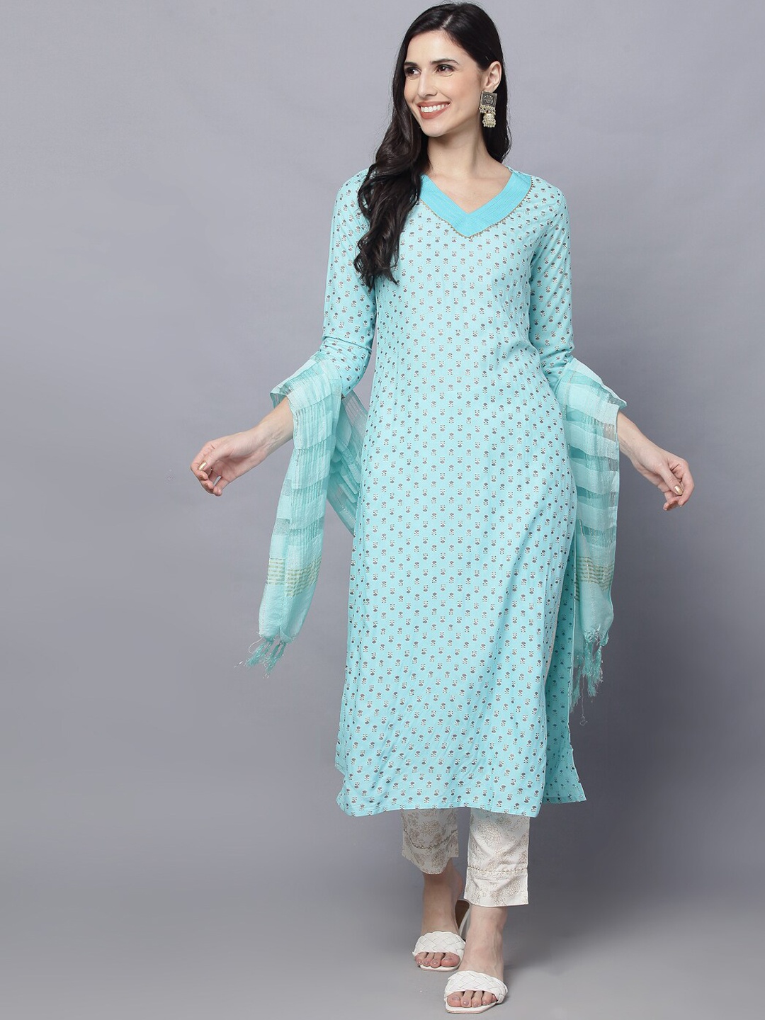 

HERE&NOW Women Blue Printed Kurta with Trousers & Dupatta