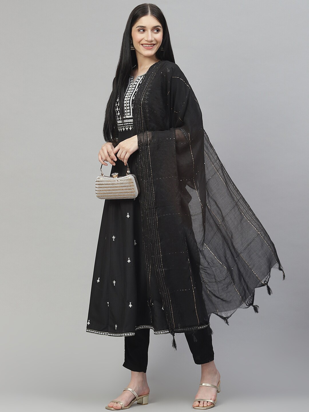 

HERE&NOW Women Black Floral Embroidered Kurta with Trousers & Dupatta