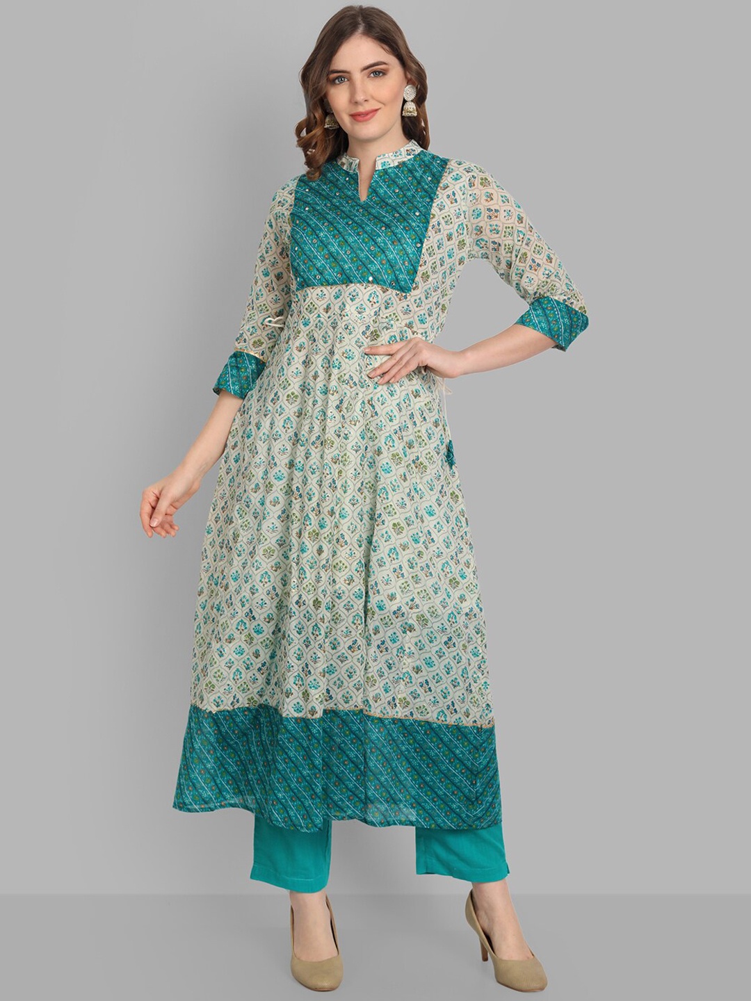 

SINGNI Women Turquoise Blue Printed Mirror Work Pure Cotton Kurta &Trousers & With Dupatta