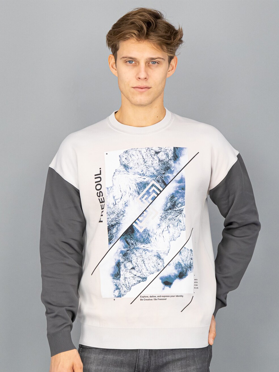 

FREESOUL Men Off White & Charcoal Printed Long Sleeves Nylon Sweatshirt