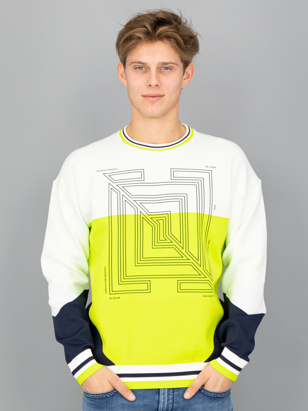 

FREESOUL Men White & Yellow Colourblocked Sweatshirt