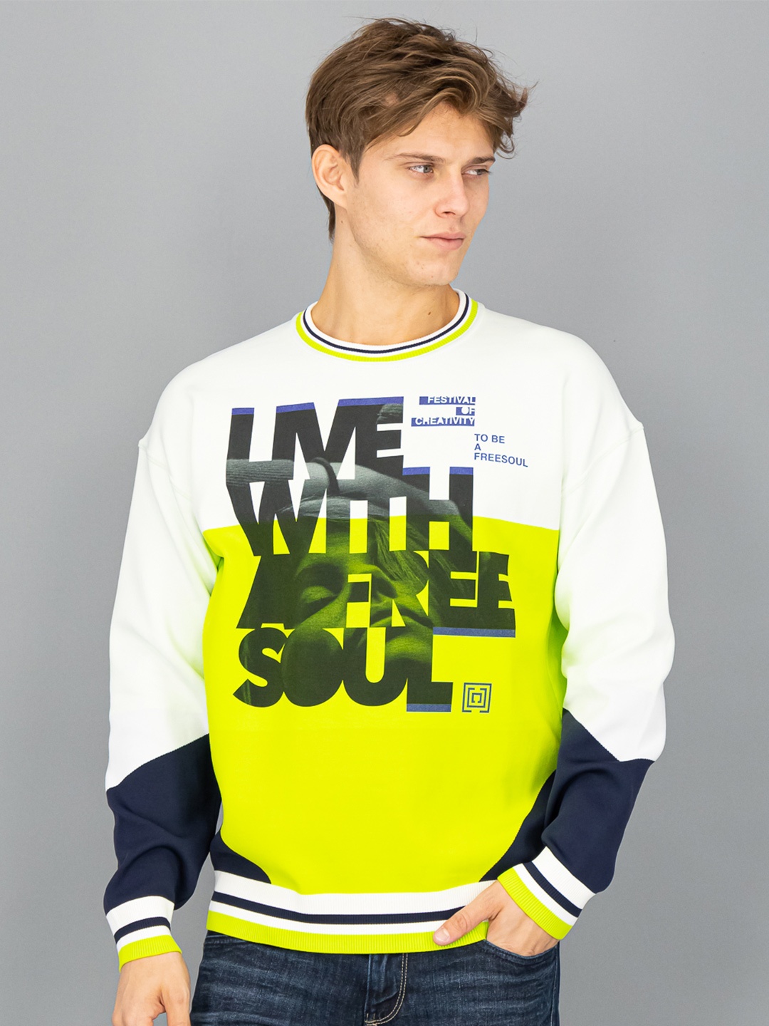 

FREESOUL Men White & Fluorescent Green Printed Long Sleeves Sweatshirt