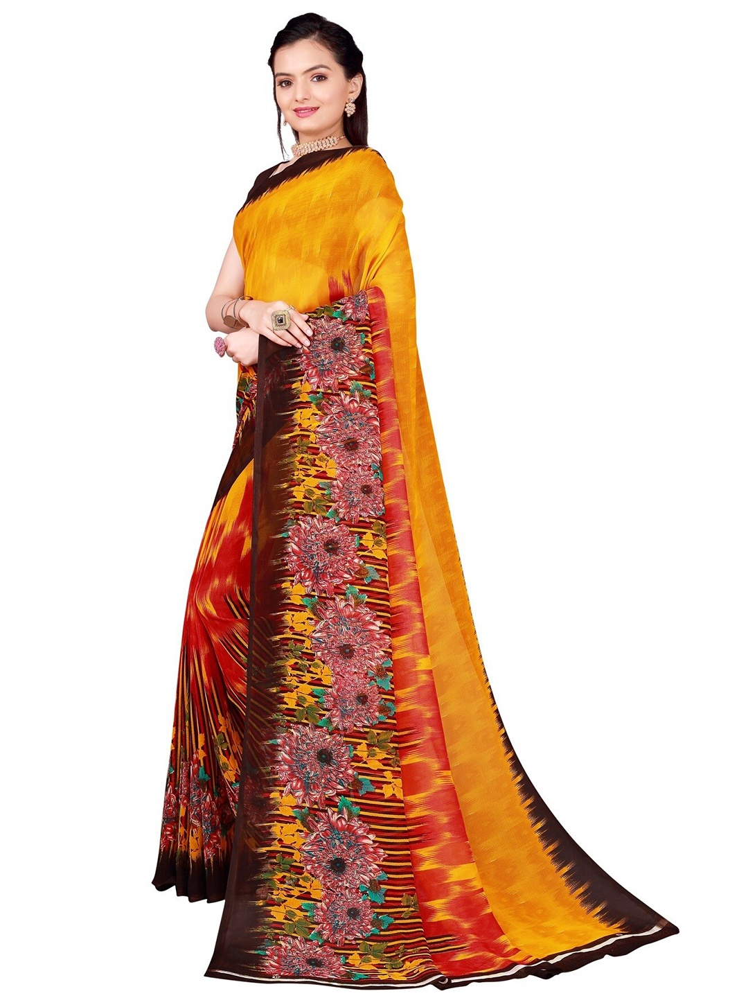 

Silk Bazar Yellow & Red Floral Pure Georgette Saree