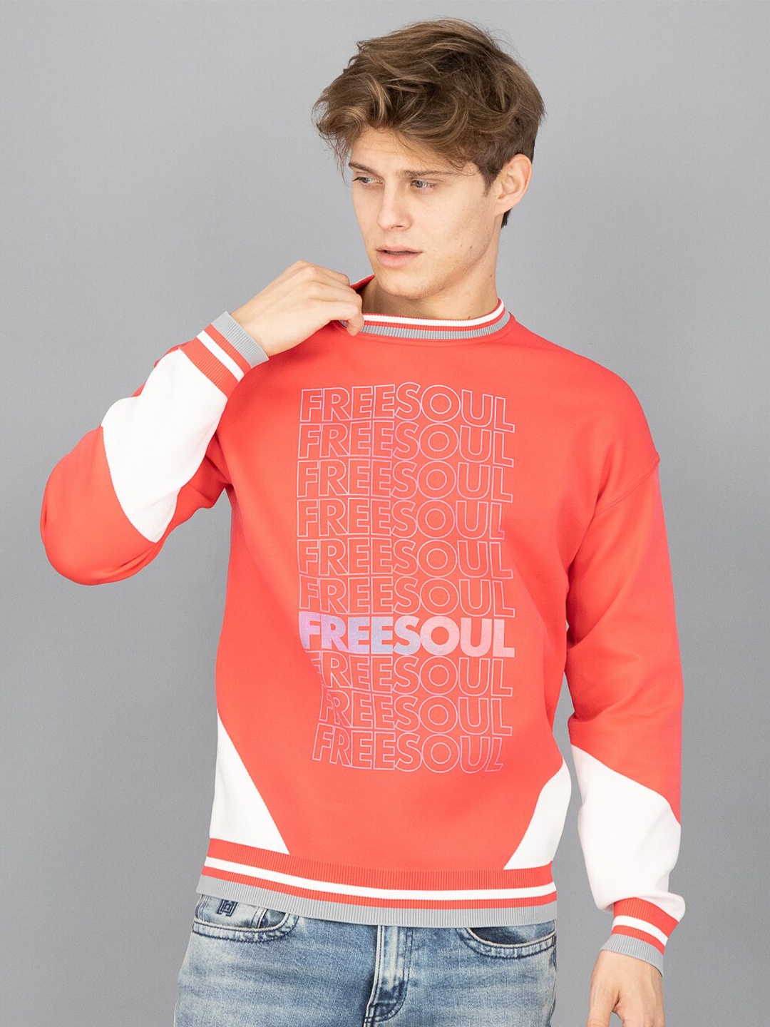 

FREESOUL Men Coral & White Printed Sweatshirt