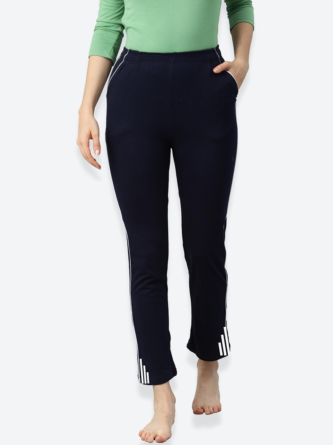 

NOT YET by us Women Navy Blue Solid Piped Lounge Pants