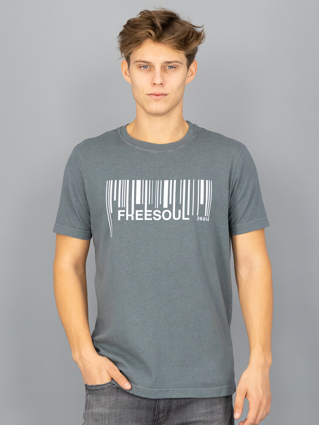 

FREESOUL Men Grey Brand Logo Printed T-shirt