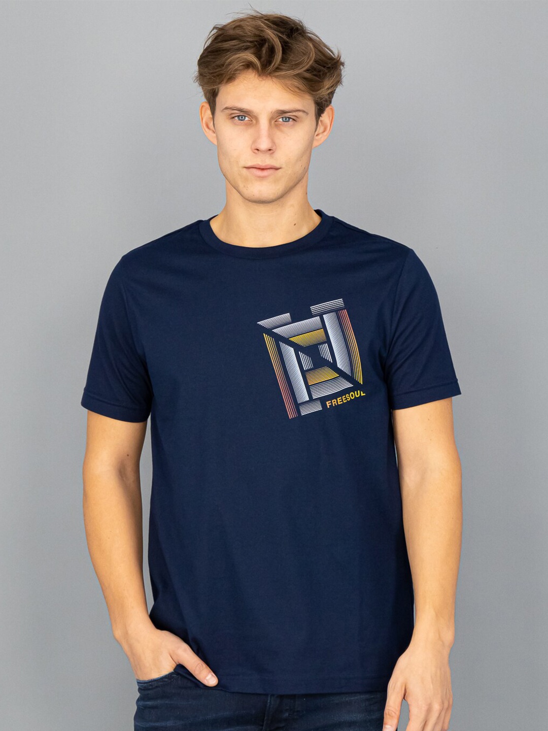 

FREESOUL Men Navy Blue Graphic Printed Pure Cotton T-shirt