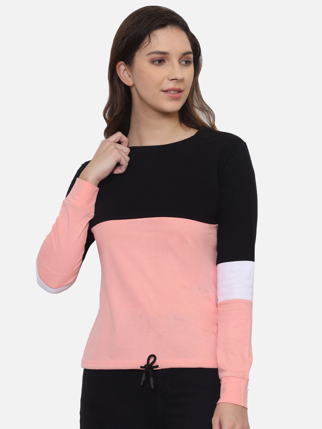 

VIVINKS Women Pink & Black Colourblocked T-shirt