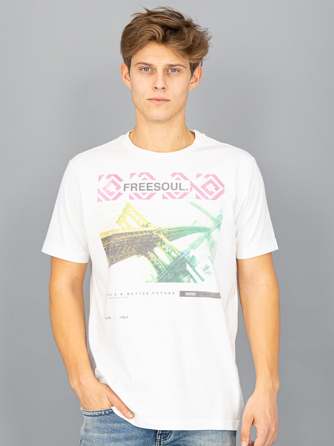 

FREESOUL Men White Biker Printed Raw Edge T-shirt