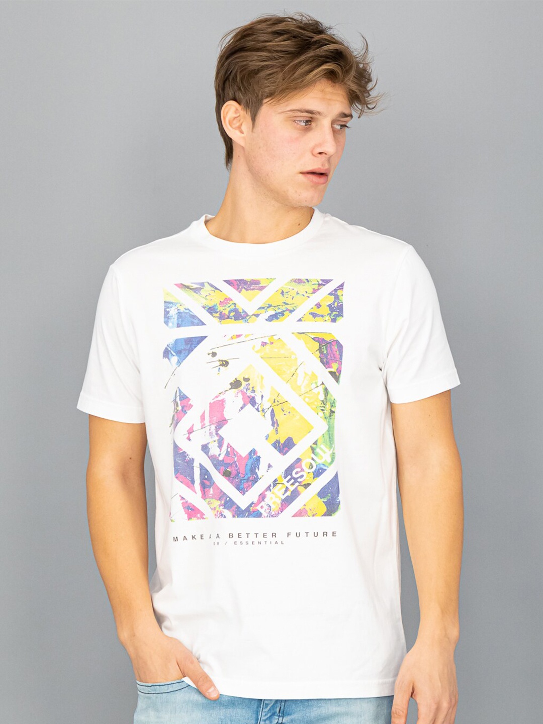 

FREESOUL Men White Printed Raw Edge T-shirt